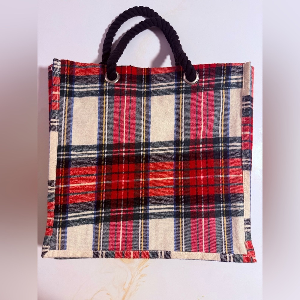 Plaid Canvas Tote by Aspen with Rope Handles Holds 6 wine bottles - Red & Cream